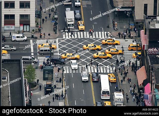 The intersection of Eighth Avenue and 34th Street at Penn Station. View from the Empire State Building in New York, USA