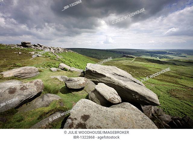 Hathersage Moor, view from Higger Tor towards Carl Wark, iron age fort, Peak District National Park, Derbyshire, England, United Kingdom, Europe