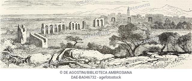 View of Frejus and ruins of the Roman aqueduct, France, illustration from L'Illustration, Journal Universel, No 1115, Volume XLIV, July 9, 1864