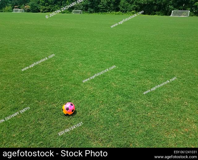 colorful soccer ball on green grass on a soccer field