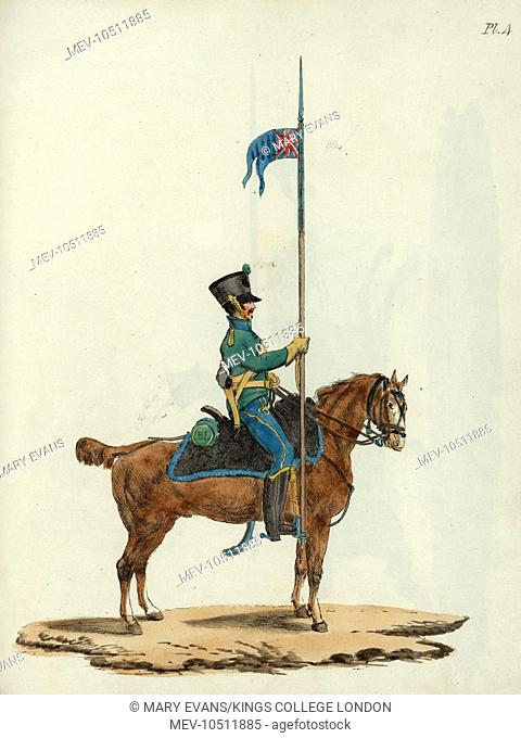 The proposed uniform and equipment for a new corps of lancers in the British Army. Seen here is a side view of a mounted lancer holding his lance in his right...