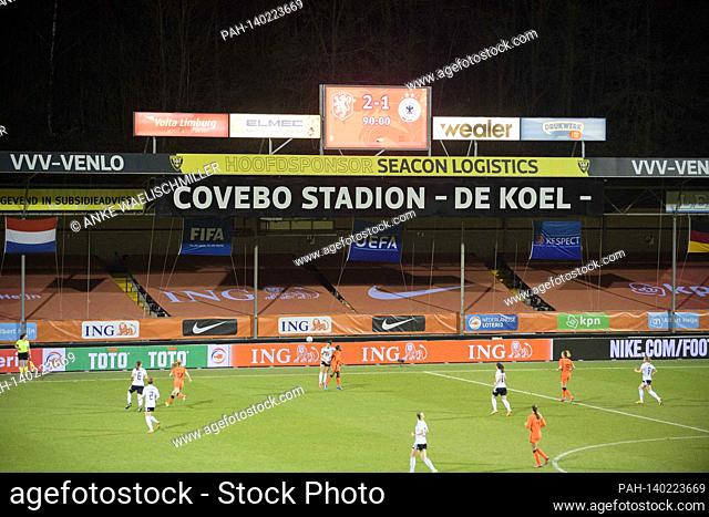 Game scene in the Covebo stadium 'Aì De Koel, above the scoreboard with the final result, result, football international women, mini tournament - Three Nations