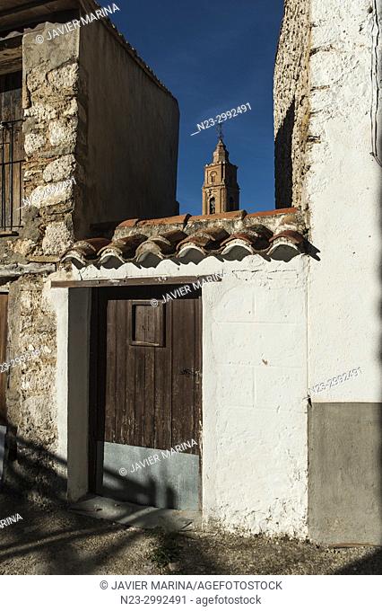 Built structures and church tower, Xiva de Morella, Castellón, Spain