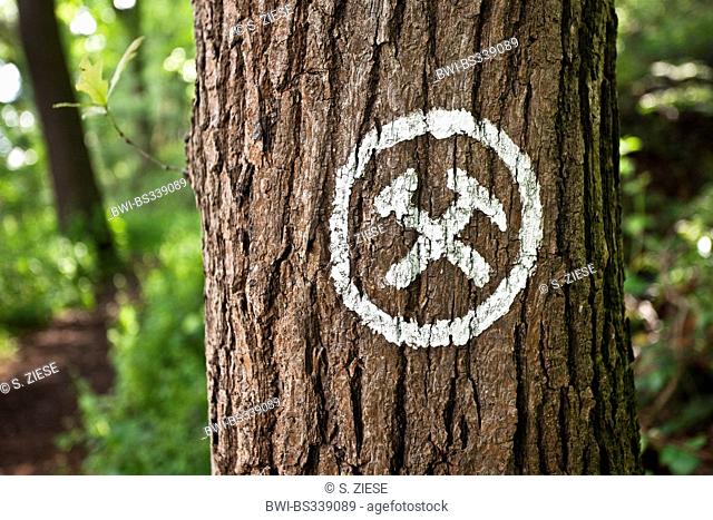 hammer and pick as a marking at a tree, Germany, North Rhine-Westphalia, Ruhr Area, Wetter/Ruhr