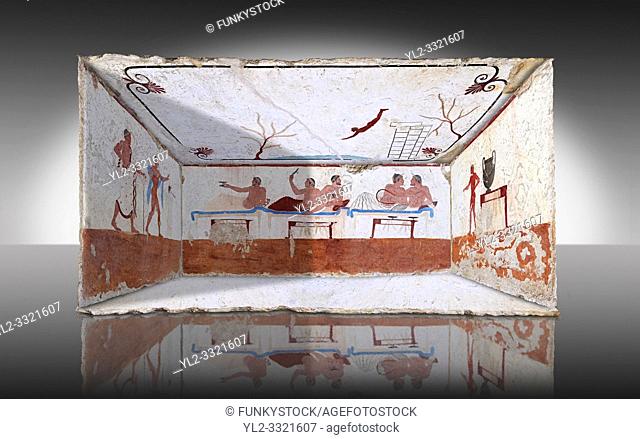 Reconstruction of the inside of the Greek Tomb of the Diver [La Tomba del Truffatore] from the Greek city of Poseidonia which became Roman Paestum
