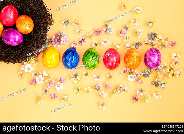 Colorful Easter eggs homemade painted top view flatlay on pastel orange peach background bright fresh design, Happy Easter, spring concept copy space