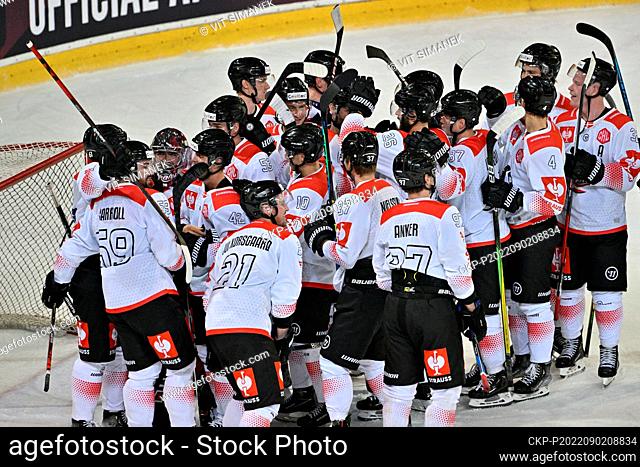 Aalborg Pirates players celebrate victory after the Champions Hockey League, Group A, match HC Sparta Praha vs Aalborg Pirates, on September 2, 2022, in Prague