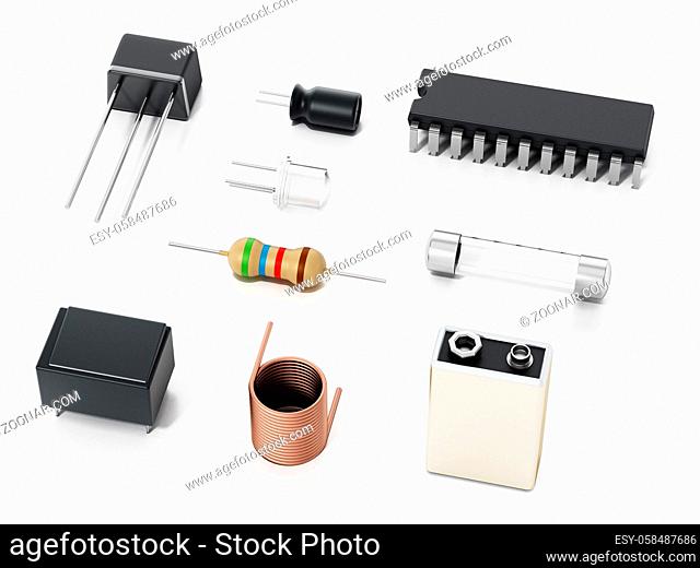 Spare electronic parts isolated on white background. 3D illustration