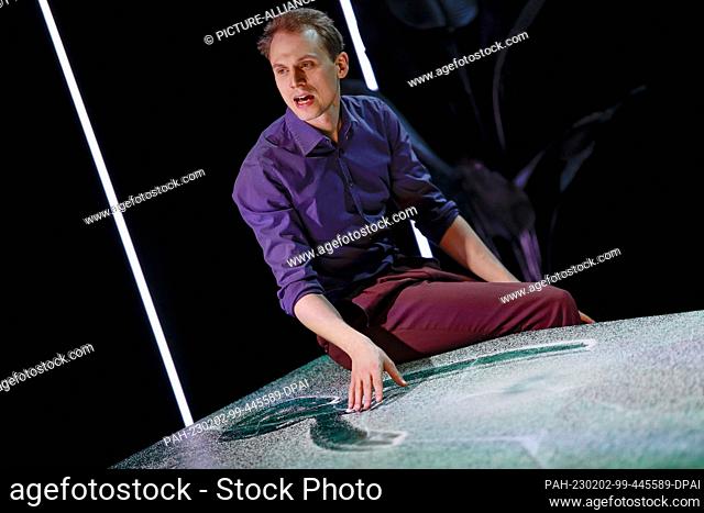 PRODUCTION - 31 January 2023, Bavaria, Nuremberg: A man (Yascha Finn Nolting) speaks in this scene of the play ""Exit - Sterben für Anfänger*innen"" at the...