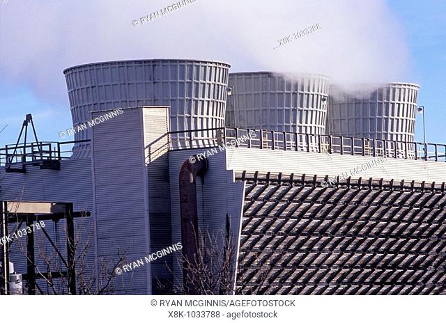 The cooling towers of a coal-fired powerplant in Hastings, Nebraska, USA  Shot on Velvia film