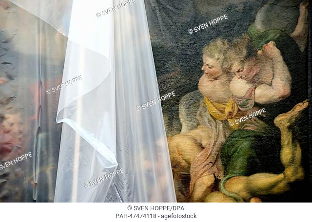 The painting ""The Great Last Judgement"" by Peter Paul Rubens (1617) is packed in plastic in the Alte Pinakothek in Munich, Germany, 28 March 2014