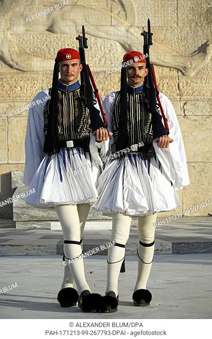 Two Evzones march on the Syntagma Square in front of the Greek parliament inÂ Athens, Greece, 03 December 2017. The soldiers of the Evzones belong to the...