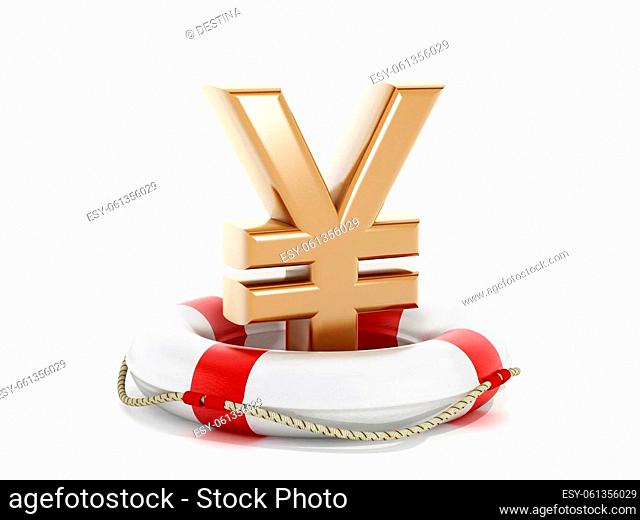 Gold yen symbol inside life buoy isolated on white background