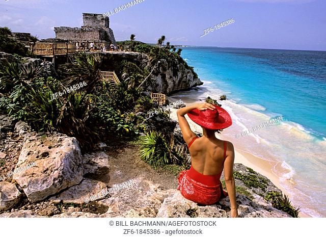 Colorful Hispanic Tourist at Tulum Ruins at Riviera Maya Mexico