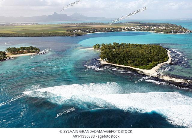 Mauritius, aerial view from an helicopter, the coast and lagoon near Grand Port