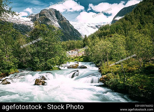 Jostedalsbreen National Park, Sogn Og Fjordane County, Norway. River Near Boyabreen Glacier Landscape In Spring Sunny Day