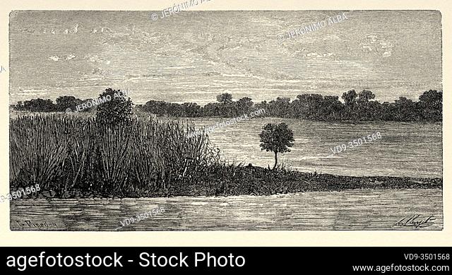 View of the Indus river, India. Trip to Punjab and Kashmir by Guillaume Lejean. Old engraving El Mundo en la Mano 1878
