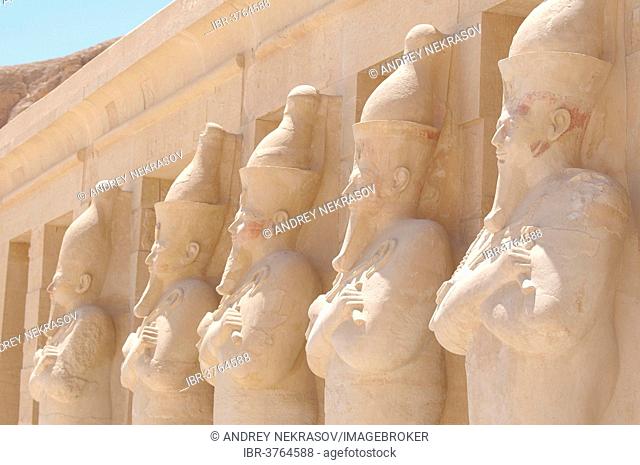 Numerous statues of Queen Hatshepsut, Mortuary Temple of Queen Hatshepsut, Luxor Temple Complex, UNESCO World Heritage site, Thebes, Luxor, Luxor Governorate