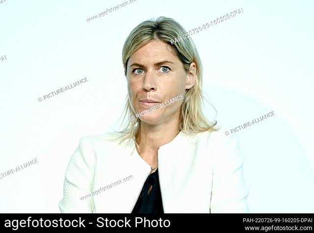 26 July 2022, Berlin: Soccer: Evelyn Holderbach, Director Sustainability & International Development RB Leipzig speaks at the Sustainability Forum of the German...