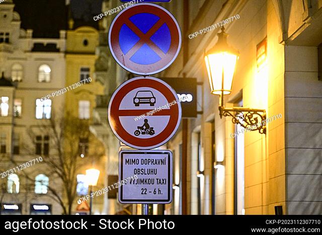 Traffic prohibition sign in Jachymova street connecting Maiselova and Parizska streets in Prague, Czech Republic, November 23, 2023