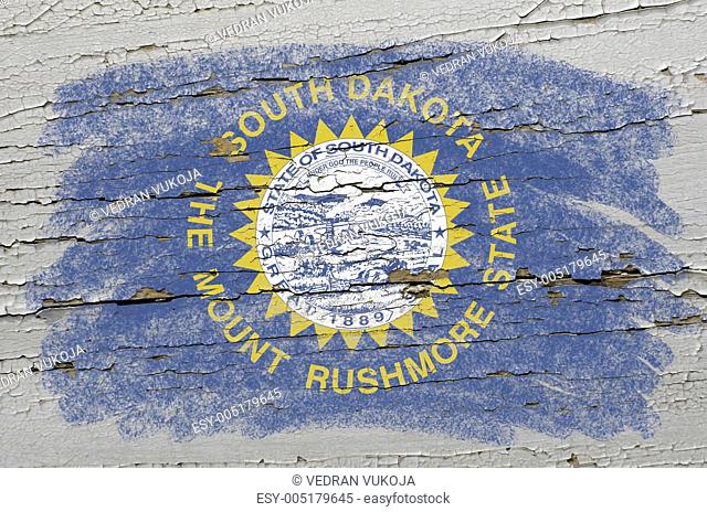 flag of US state of south dakota on grunge wooden texture precis