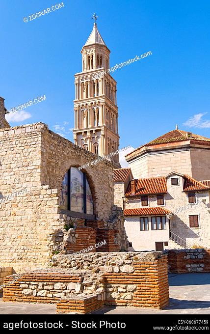 Cathedral of St. Duje bell tower in sunny day, Split, Croatia. Postcard