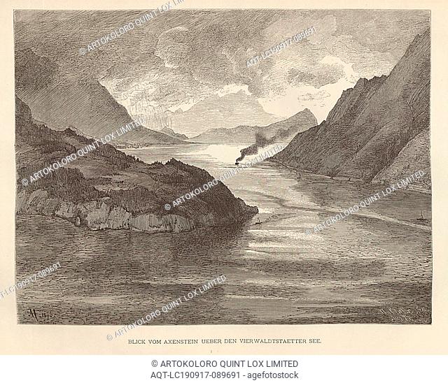 View from Axenstein over Lake Lucerne, Illustration of the view from the Axenstein over Lake Lucerne from the 19th century, signed: AH, A. Closs X