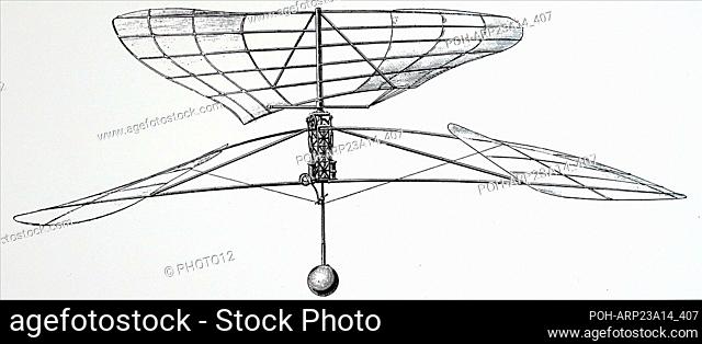 Engraving depicting a helicopter design by Enrico Forlanini (1848-1930) an Italian engineer, inventor, and aeronautical pioneer. Dated 19th Century
