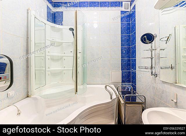 Russia, Moscow- November 20, 2019: interior room apartment modern bright cozy atmosphere. general cleaning, bathroom, sink, decoration elements, toilet