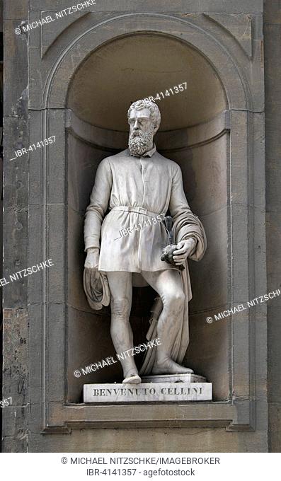 Statue of Benvenuto Cellini in the courtyard of the Uffizi, Florence, Tuscany, Italy