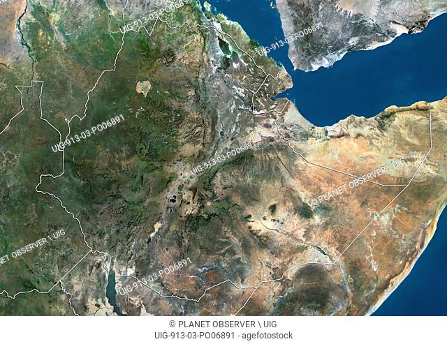 Satellite view of Ethiopia and Djibouti (with country boundaries). This image was compiled from data acquired by Landsat satellites