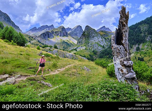 Hiker woman in a mountains and grasslands landscape. Ibon de Acherito route. Valles Occidentales Natural Park. Hecho valley