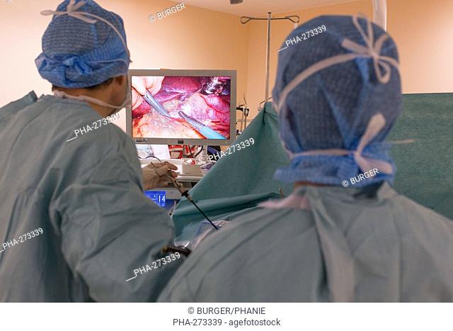 Surgeon performing a Laparoscopic Sleeve Gastrectomy, Limoges hospital