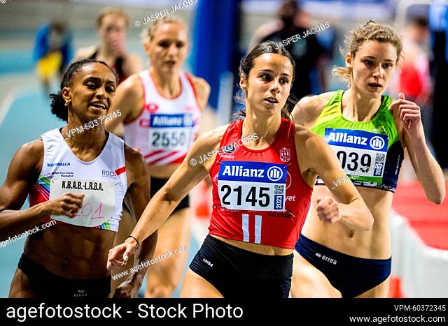 Belgian Naomi Van den Broeck, Belgian Helena Ponette, Belgian Camille Laus and Belgian Hanne Claes pictured in action during the 400m race