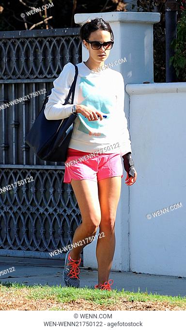 Jordana Brewster heading to the gym on a sunny day. Jordana appears to be wearing a wrist support on her left hand. Featuring: Jordana Brewster Where: Los...