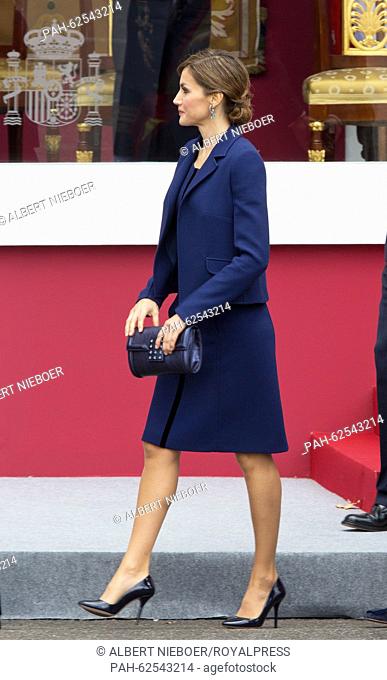 Madrid, 12-10-2015 HM Queen Letizia HM King Felipe, HM Queen Letizia, Princess Leonor, Princess Sofia attend the military parade at la Plaza de Cánovas del...