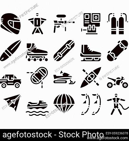 Extreme Sport Activity Glyph Set Vector Thin Line. Bike And Crash Helmet, Parachute And Hang-glider Equipment For Extreme Active Glyph Pictograms Black...