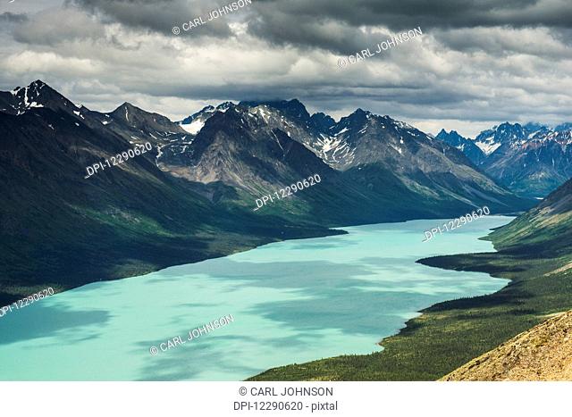 View of upper Twin Lake from a mountain ridge within Lake Clark National Park & Preserve, Alaska