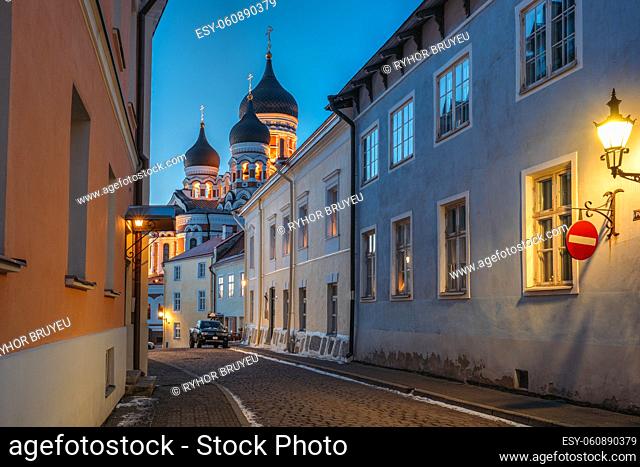 Tallinn, Estonia. Evening Or Night View Of Alexander Nevsky Cathedral From Piiskopi Street. Orthodox Cathedral Is Tallinn's Largest And Grandest Orthodox Cupola...
