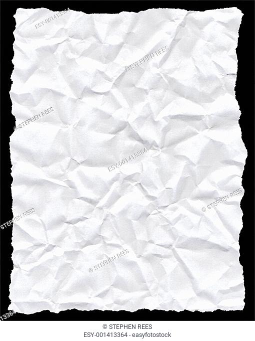 Crumpled torn white paper texture isolated on black