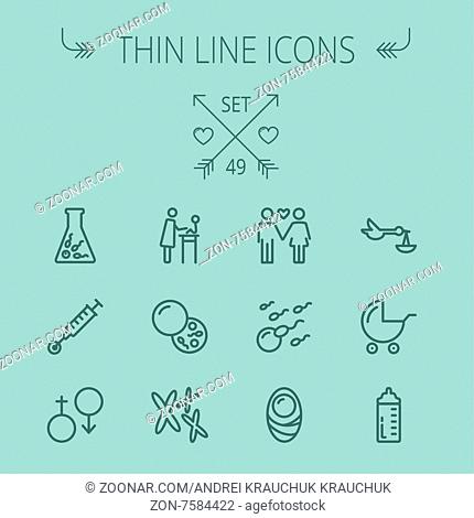 Medicine thin line icon set for web and mobile. Set includes- boy, girl, tube, egg, stroller, baby, cells icons. Modern minimalistic flat design