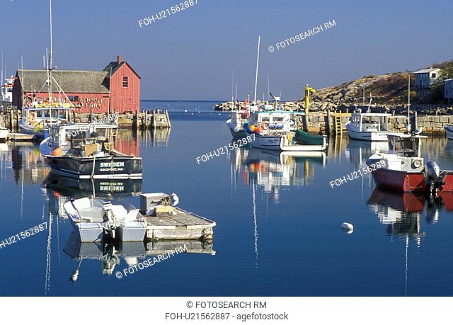 Rockport, harbor, lobster boats, Massachusetts, MA, Fishing boats docked in Rockport Harbor in Rockport in the fall