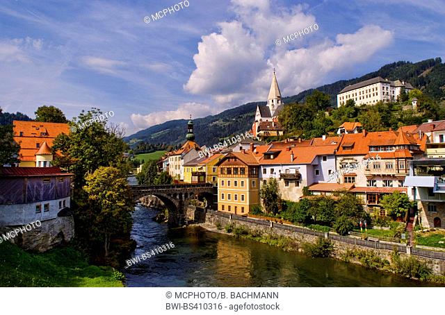 Old historical old town of Murau Austria downtown and churches and Mur River, Austria