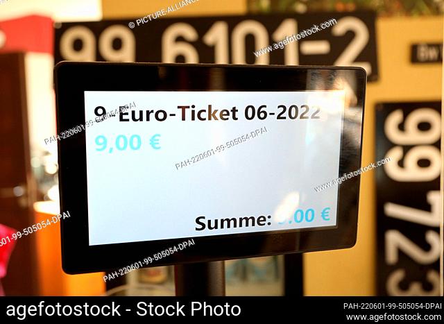01 June 2022, Saxony-Anhalt, Wernigerode: The price of a 9-euro ticket is shown on the display of a ticket office in the service station of Harzer...