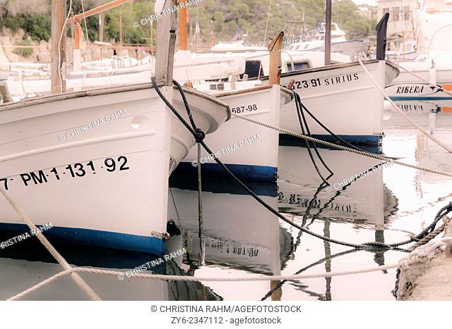 Small boats moored in harbor in Cala Figuera, Mallorca, Balearic islands, Spain