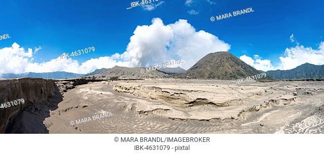 Crevice in front of volcano Mount Bromo and Mount Batok, Tengger Caldera, National Park Bromo-Tengger-Semeru, Java, Indonesia