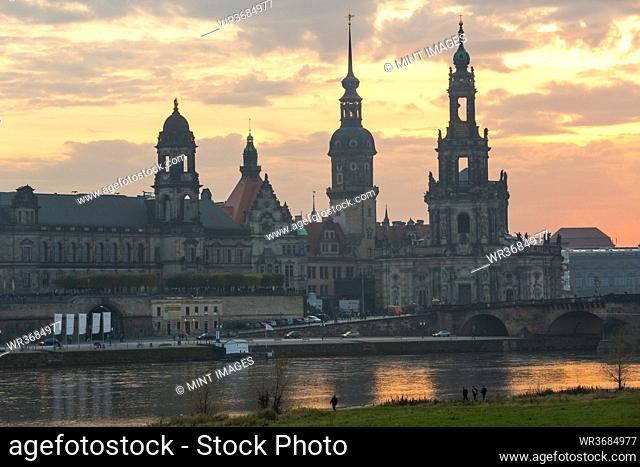 Dresden skyline at dusk over River Elbe, Dresden, Germany