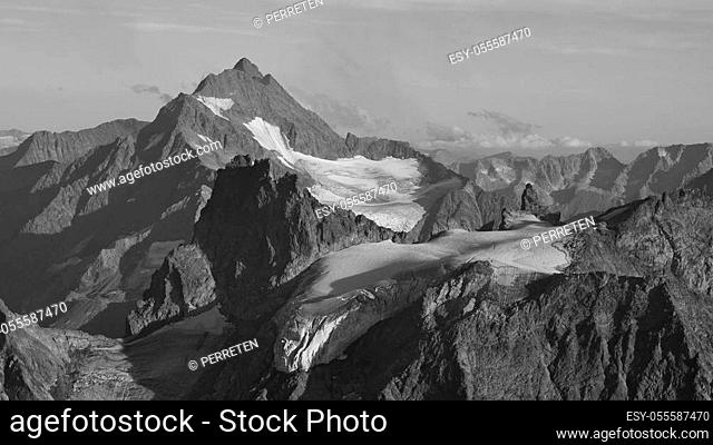 Mountain peaks and glacier in Switzerland, view from mount Titlis