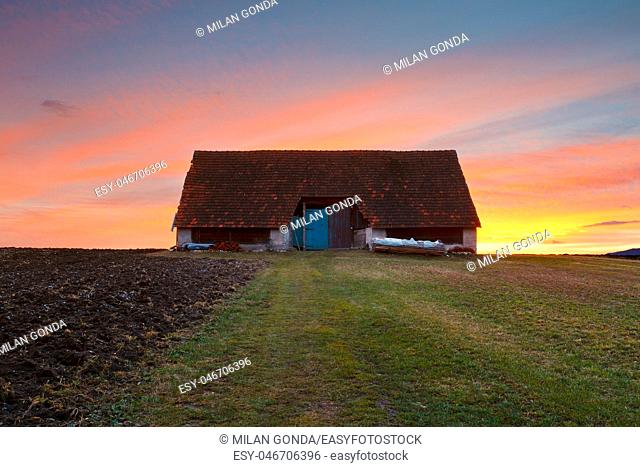 Traditional barn in countryside of Turiec region, northern Slovakia.