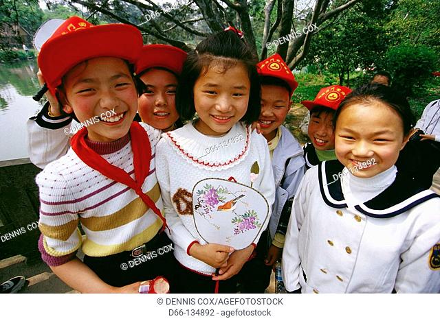 School children at West Lake park, Hangzhou. Zhejiang province, China